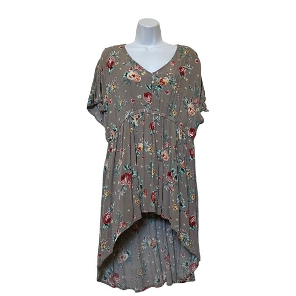 Torrid Floral High-Low Top Dress Size 1 100% Rayon Gray Red & Yellow Flowers - Picture 1 of 15